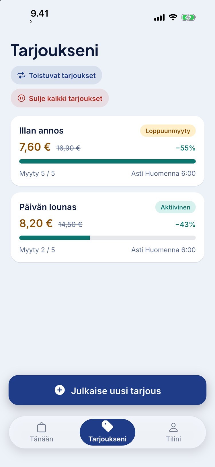 Mazgo Partner -sovelluksen tarjousnäkymä